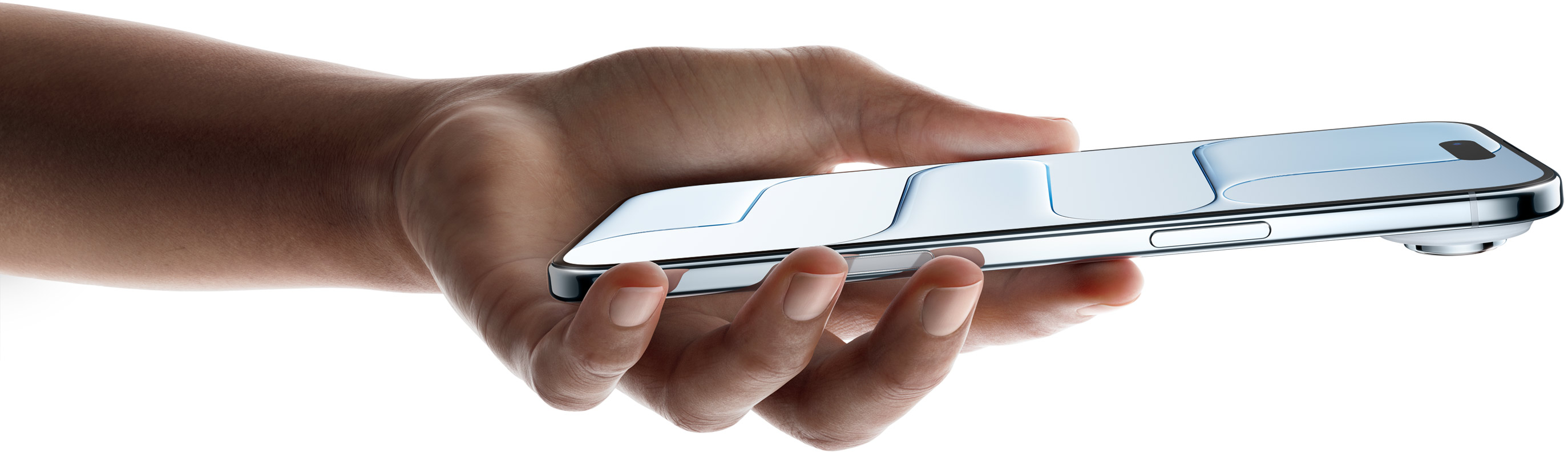 A hand holding an iPhone near a Klapp contactless stand