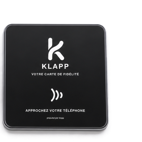 Klapp contactless stand with its raised edge and logo